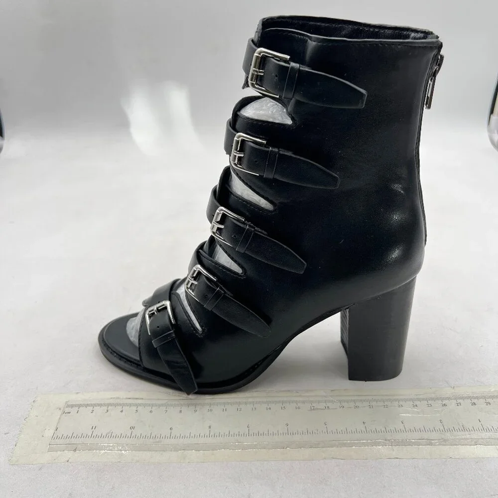 Black Women's Peep Toe Ankle Boots Multi Buckle Strap High Chunky Heels Booties
